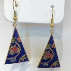 Triangle Floral Blue Dangle Earrings.